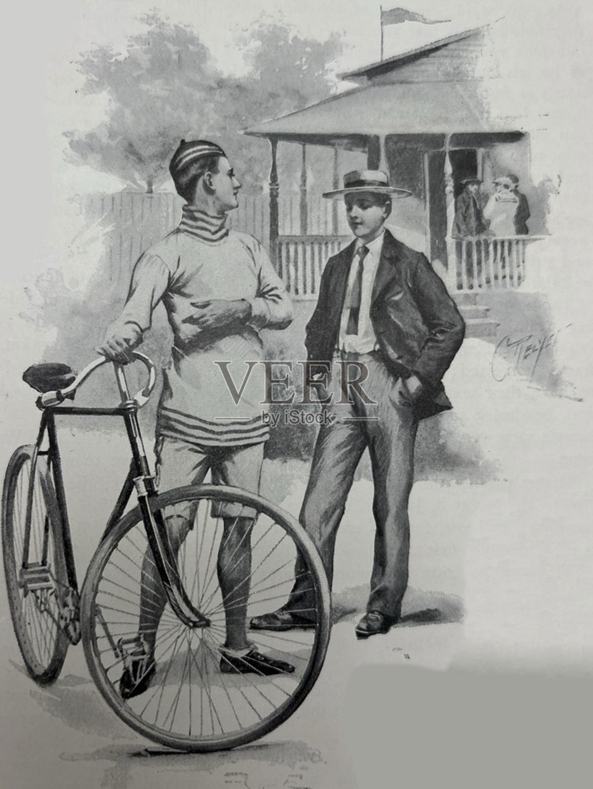 古董插图-运动员站在他的赛车旁边和一个戴着帽子的人说话插画图片素材