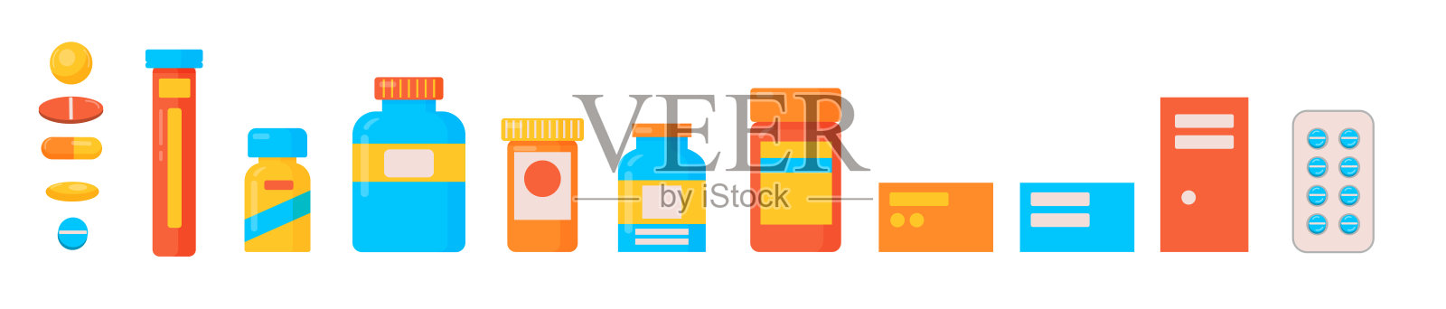 一套带标签的药片和药瓶。插画图片素材