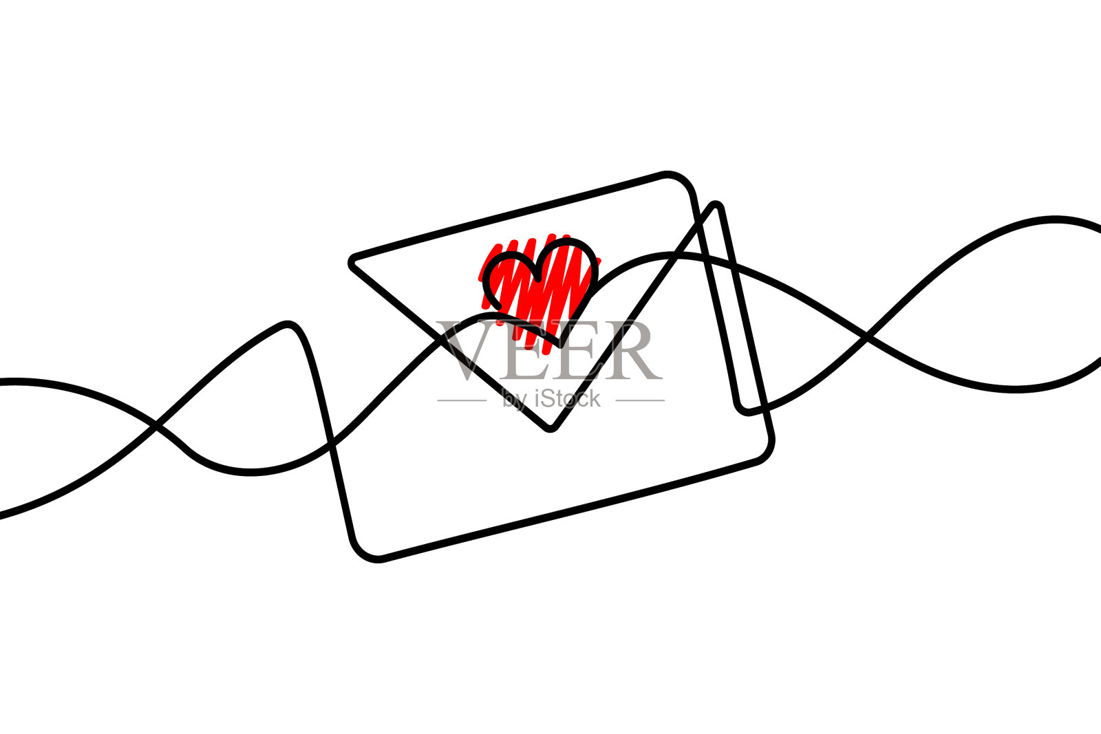 连续线条绘制信封与红心。爱情卡片模板。孤立在白色背景上。矢量插图。插画图片素材
