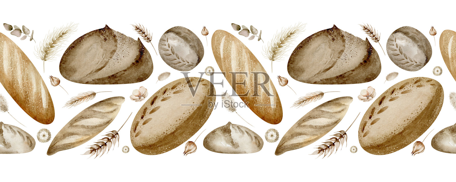 水彩无缝边界面包糕点。插画图片素材