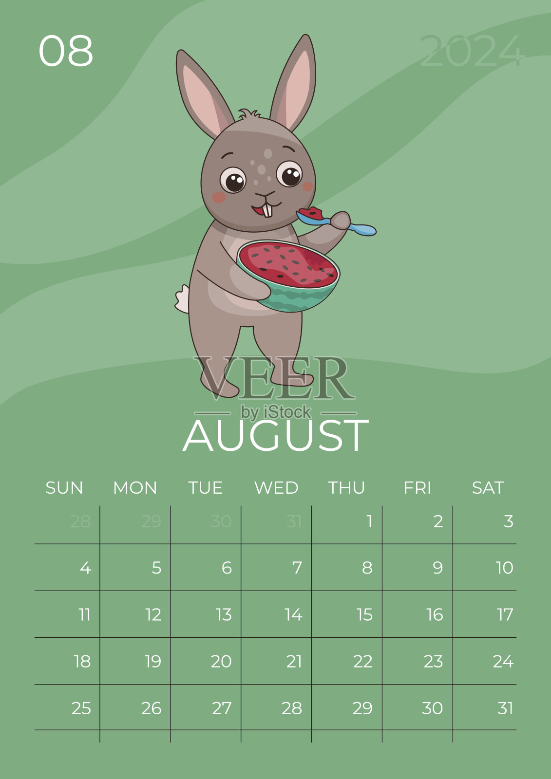 垂直儿童日历2024。八月。兔子用勺子吃着多汁的西瓜。A5格式。向量图形。插画图片素材