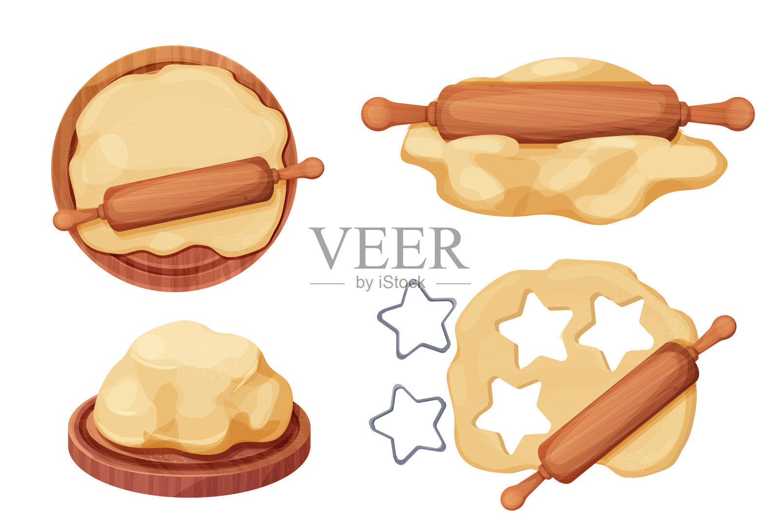 在圆形木板上设置带有面团和面粉的木制擀面杖，在白色背景上隔离出卡通风格的饼干切割机。木纹辊，器具，面包师配方。矢量图插画图片素材