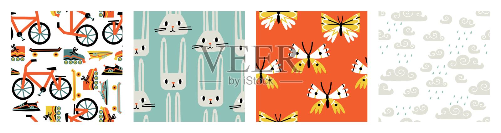 一套无缝图案的主题是春天，雨燕，兔子，彩虹，蝴蝶，鲜花。矢量插图在平面风格。插画图片素材