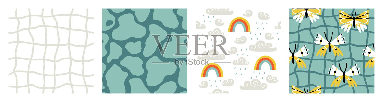 一套无缝图案的主题是春天，雨燕，兔子，彩虹，蝴蝶，鲜花。矢量插图在平面风格。插画图片素材