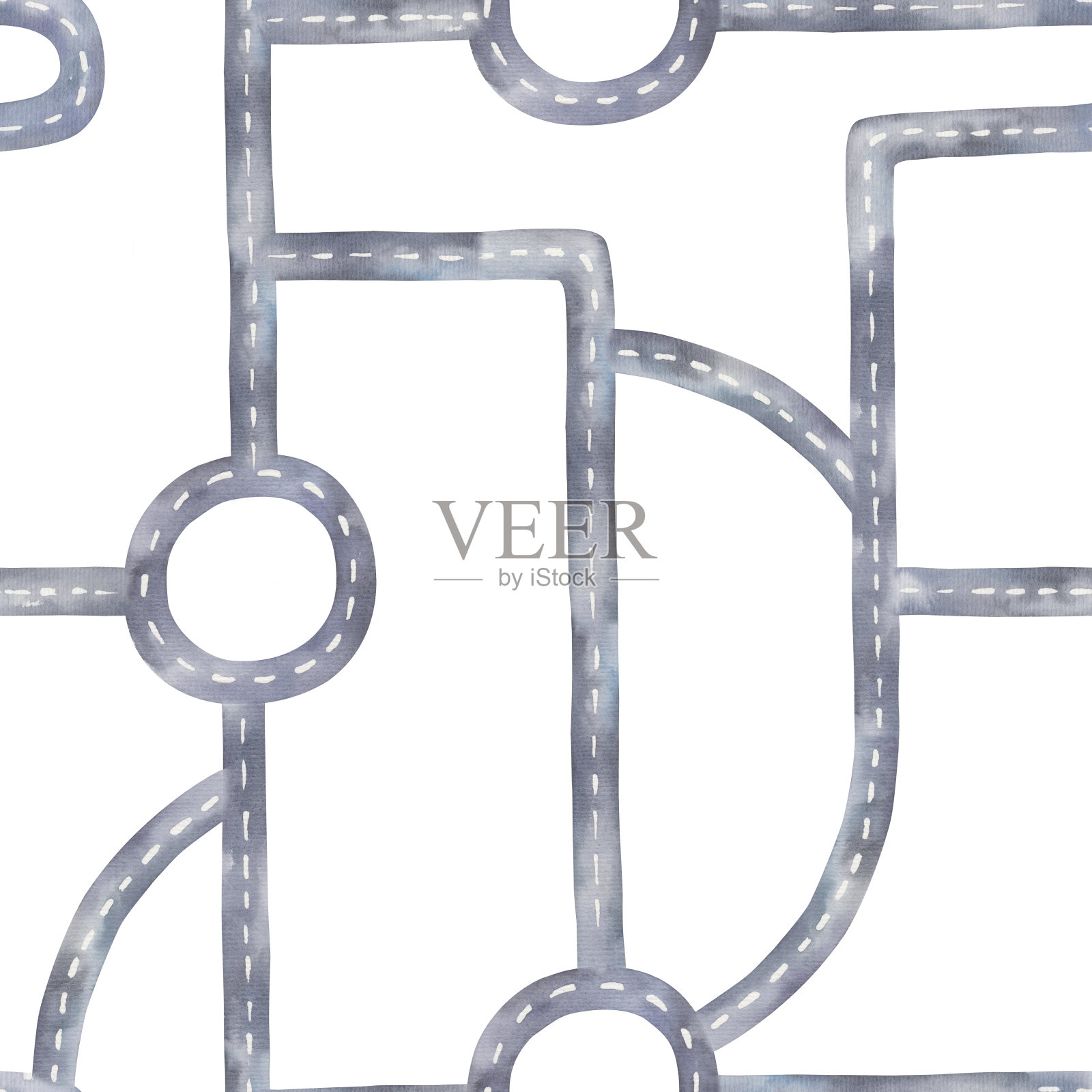 无缝图案与城市沥青道路，儿童插图在水彩插画图片素材