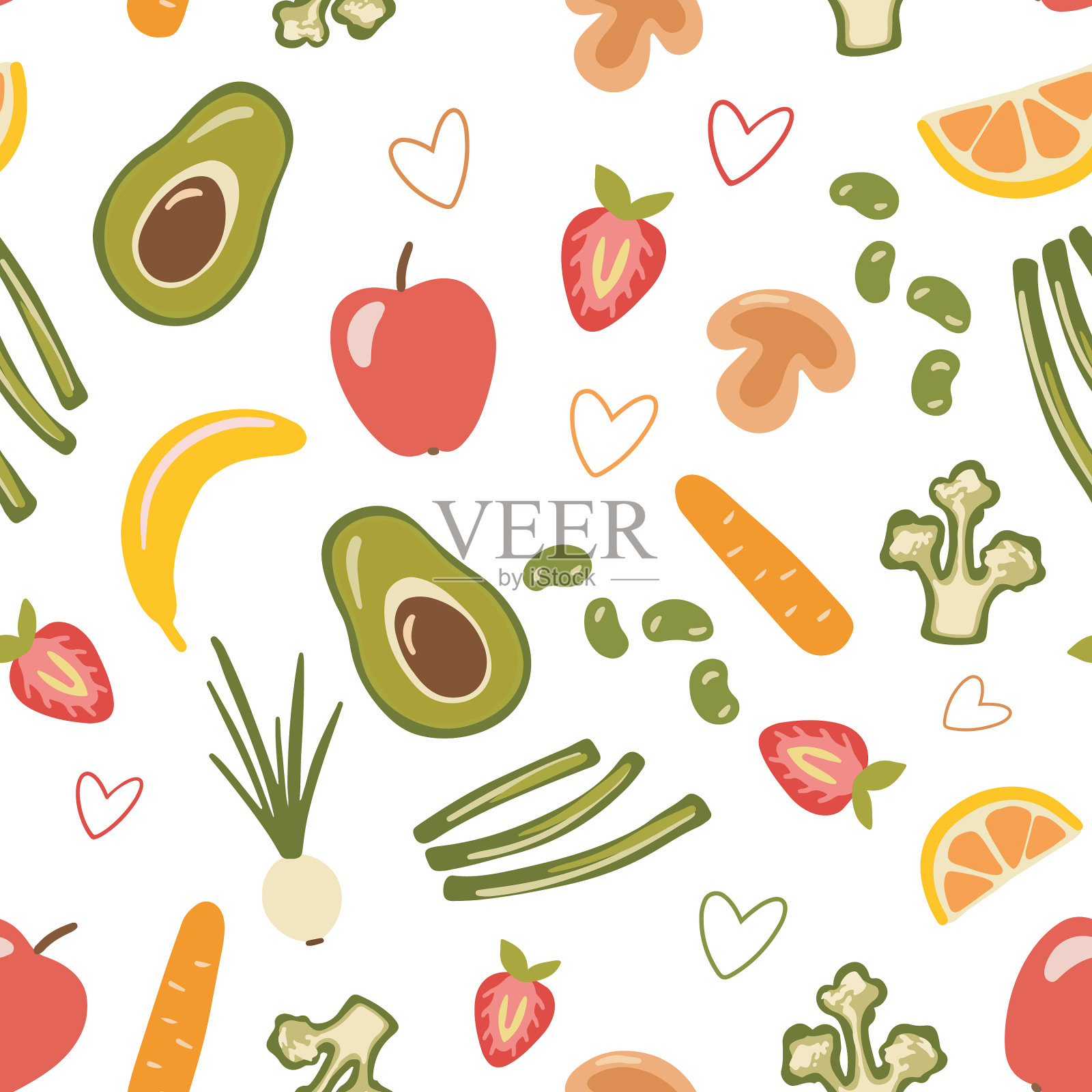 无缝图案与水果和蔬菜在手插画图片素材