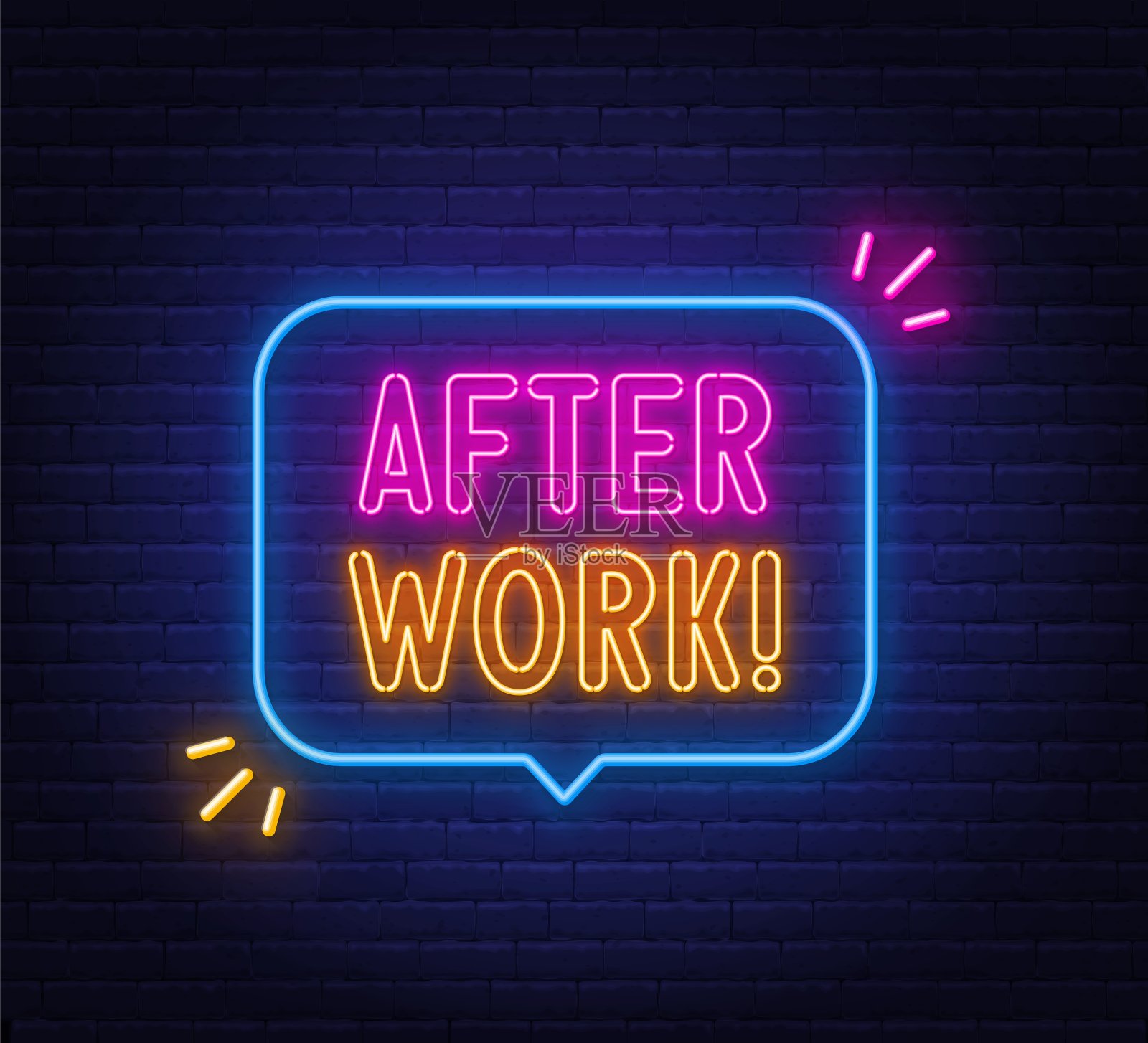 下班后的霓虹灯在砖墙背景上的演讲泡泡。插画图片素材