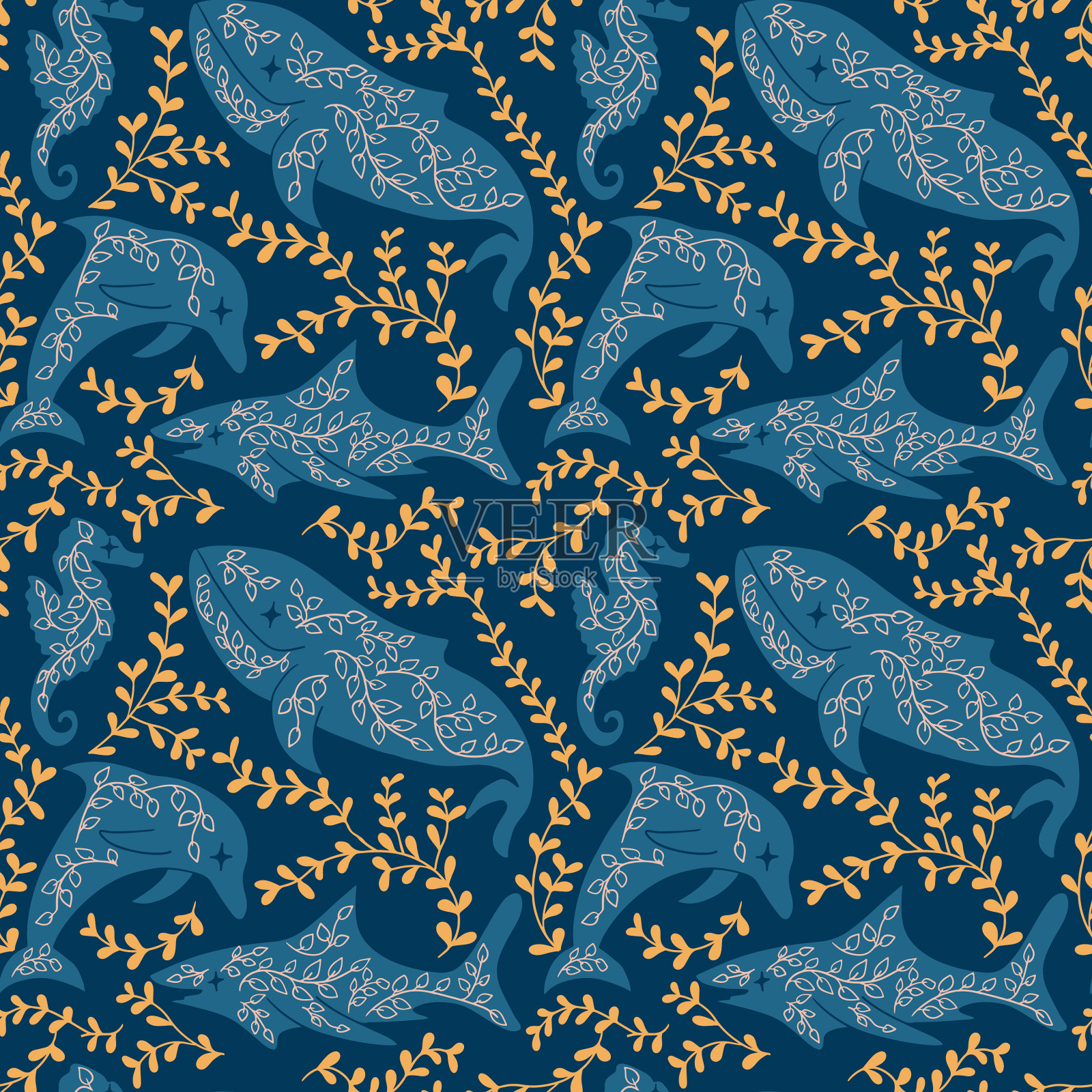 神秘的平面图案与海洋生物插画图片素材