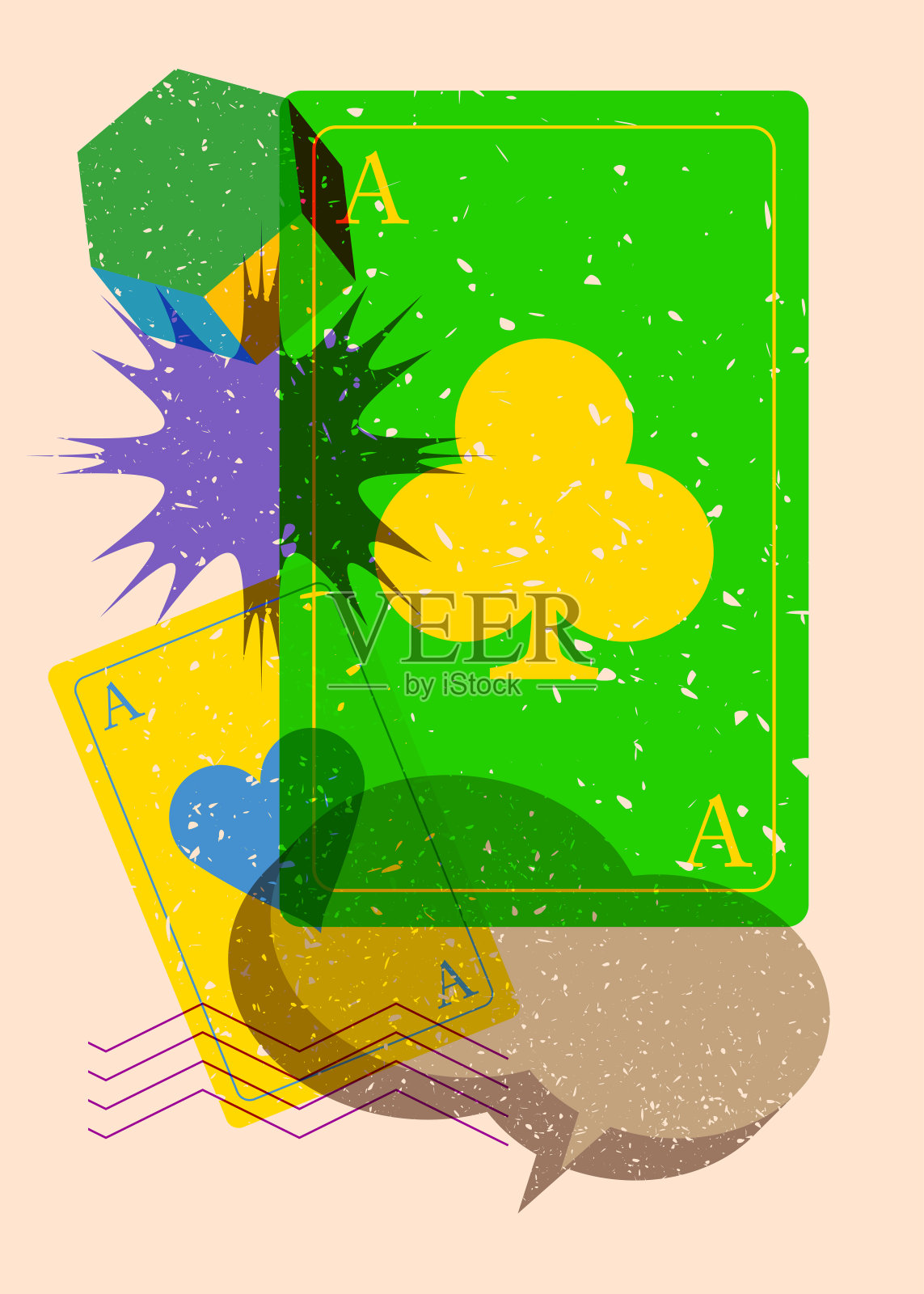 Risograph扑克扑克牌与语音泡沫与几何形状。物体以时尚的riso图形打印纹理风格设计与几何元素。插画图片素材