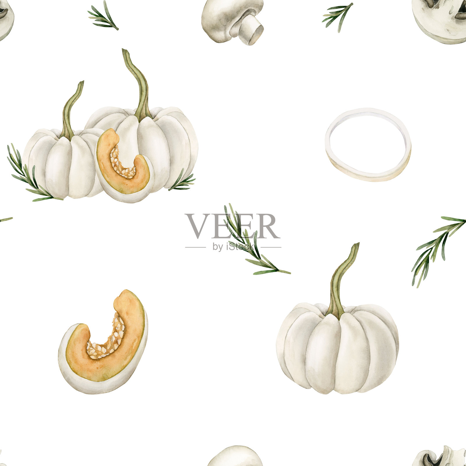 水彩无缝图案与白色南瓜，蘑菇，洋葱圈和迷迭香枝在白色的背景。插画图片素材