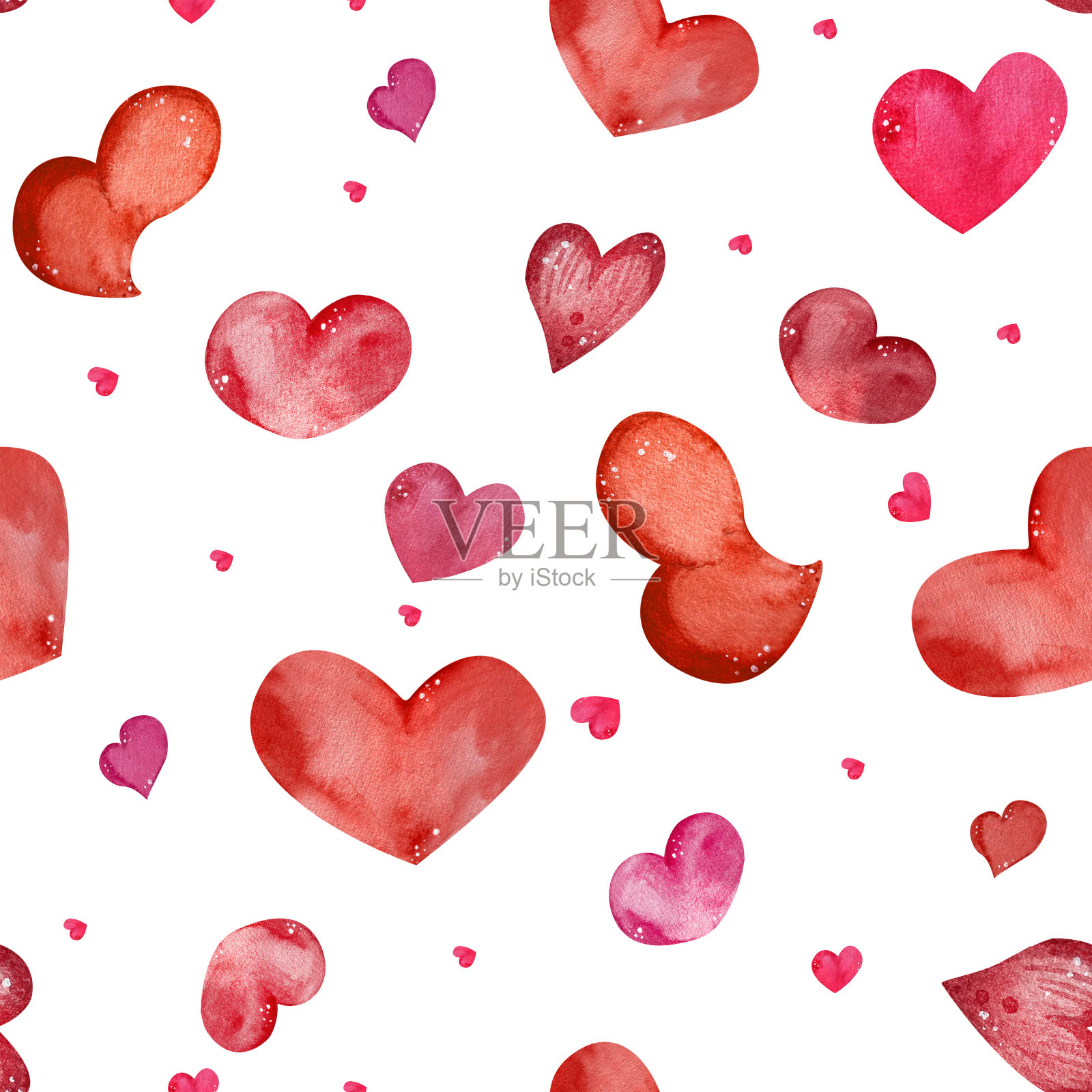 无缝背景上的水彩爱心粉色和红色水彩图案情人节设计插画图片素材