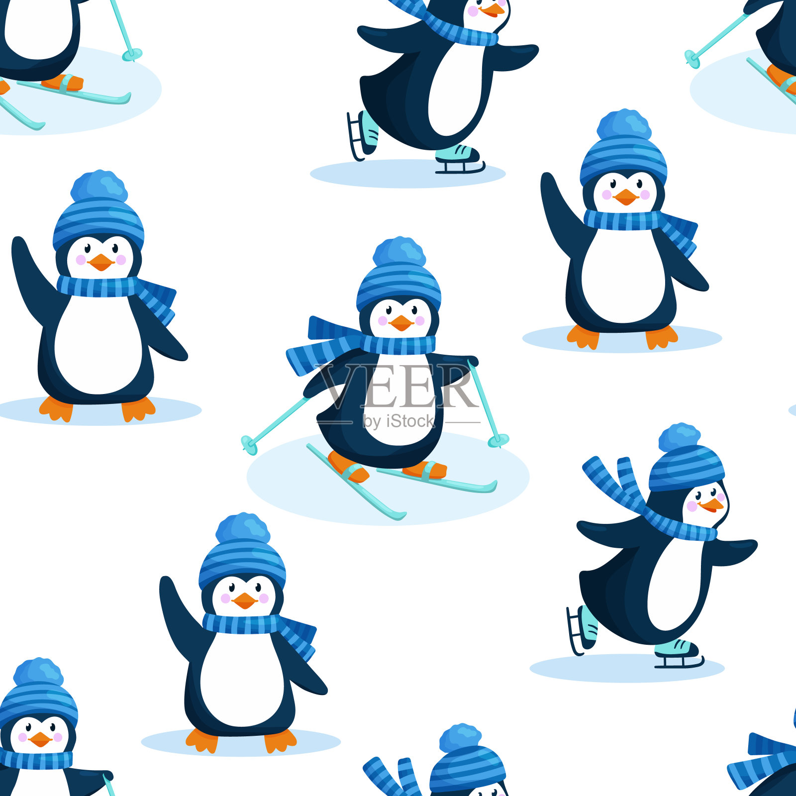 无缝矢量图案与可爱的企鹅在帽子和围巾在冬天。无限图案的纺织品或织物为新生儿。企鹅穿着溜冰鞋和滑雪插画图片素材