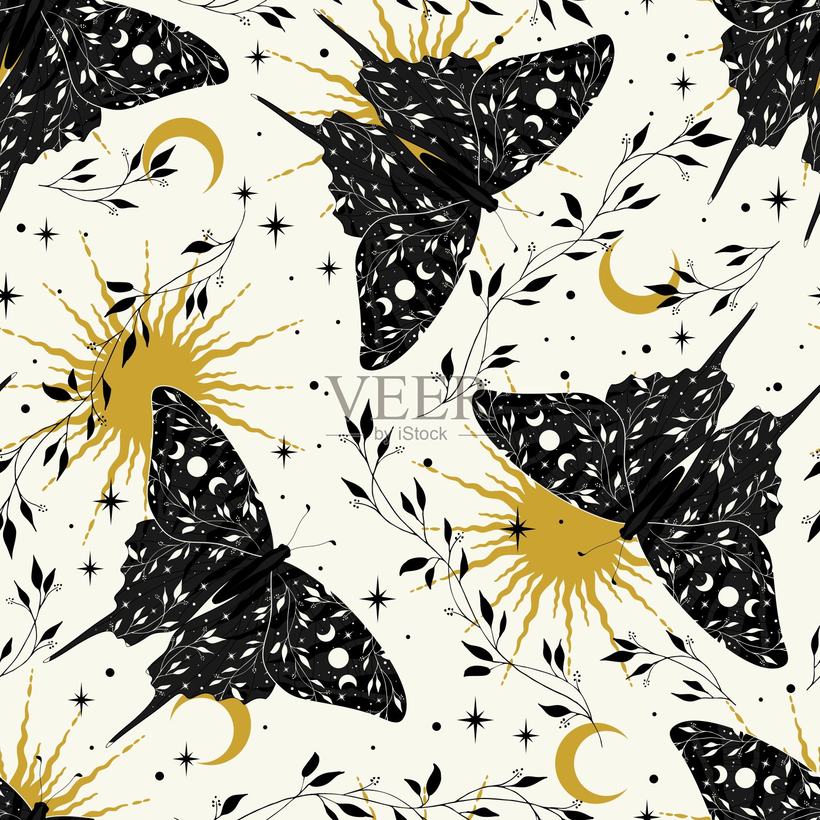 矢量无缝图案与黑蝴蝶和月亮。波西米亚艺术版画。插画图片素材