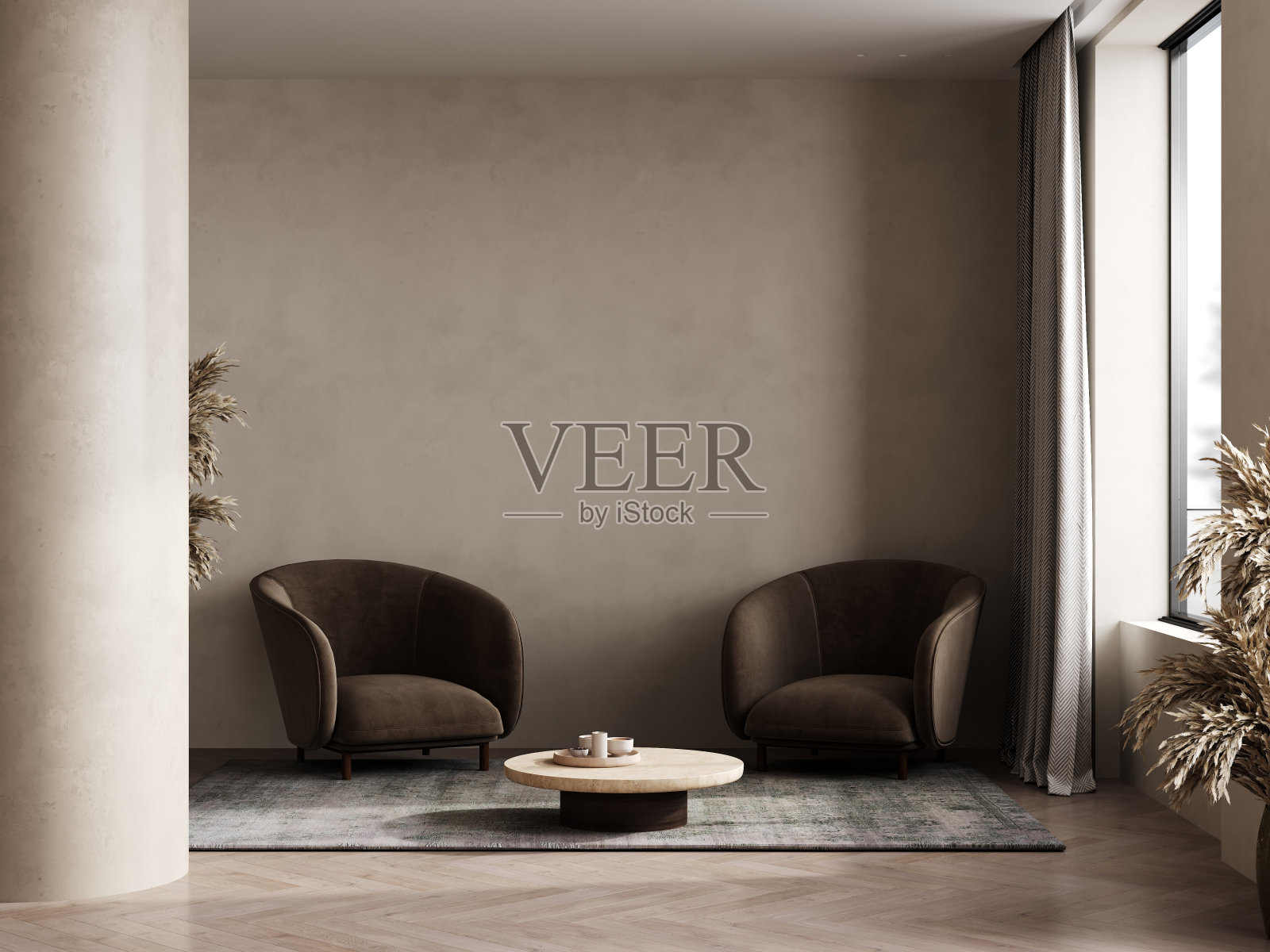 内墙模型在米色色调棕色扶手椅上的米色墙壁背景，三维可视化照片摄影图片