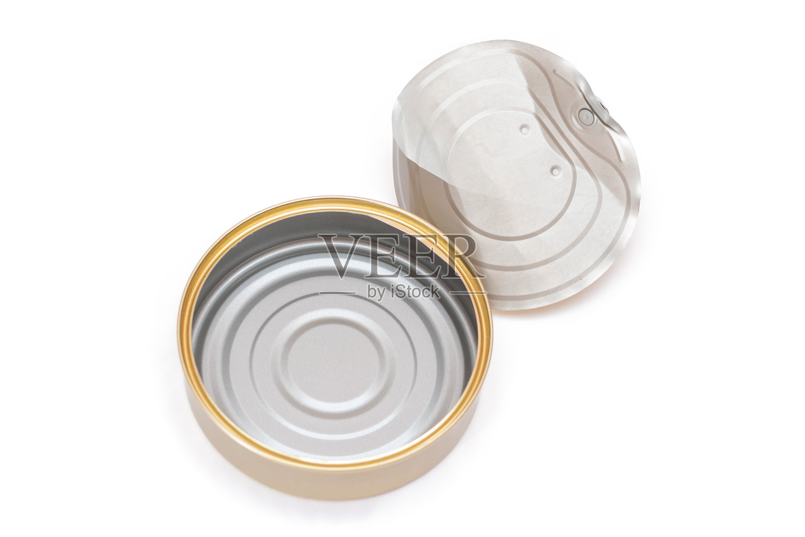 打开的空锡罐，破盖孤立在白色背景上照片摄影图片