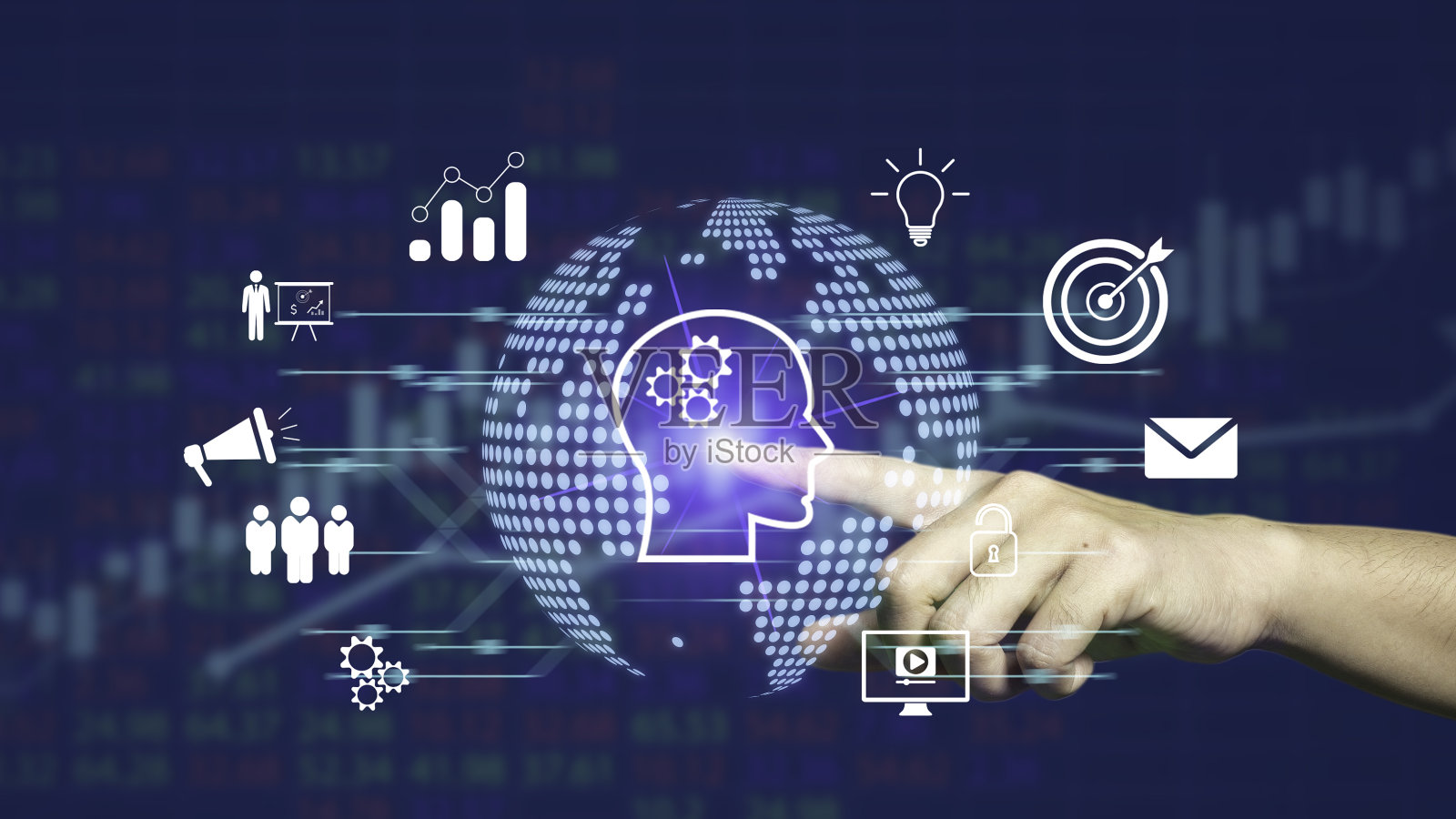 人的连接与人工智能(Ai)概念，共同产生创新的未来新事物，人工智能交流智能创意，机器人大脑与人的连接。照片摄影图片