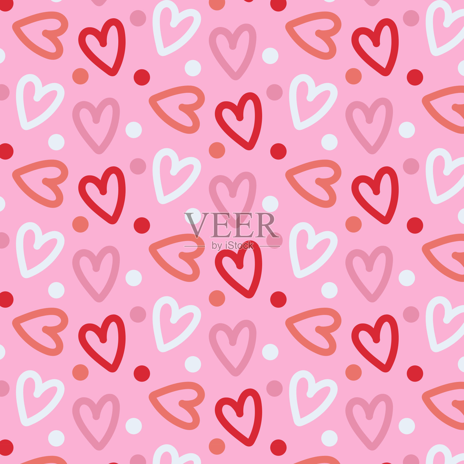 无缝图案与手绘的心和圆点插画图片素材