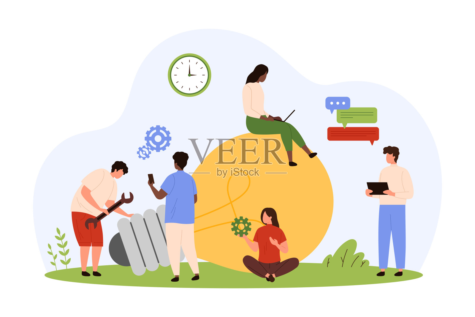 创意研究、营销团队的小人物在齿轮和灯泡附近工作插画图片素材