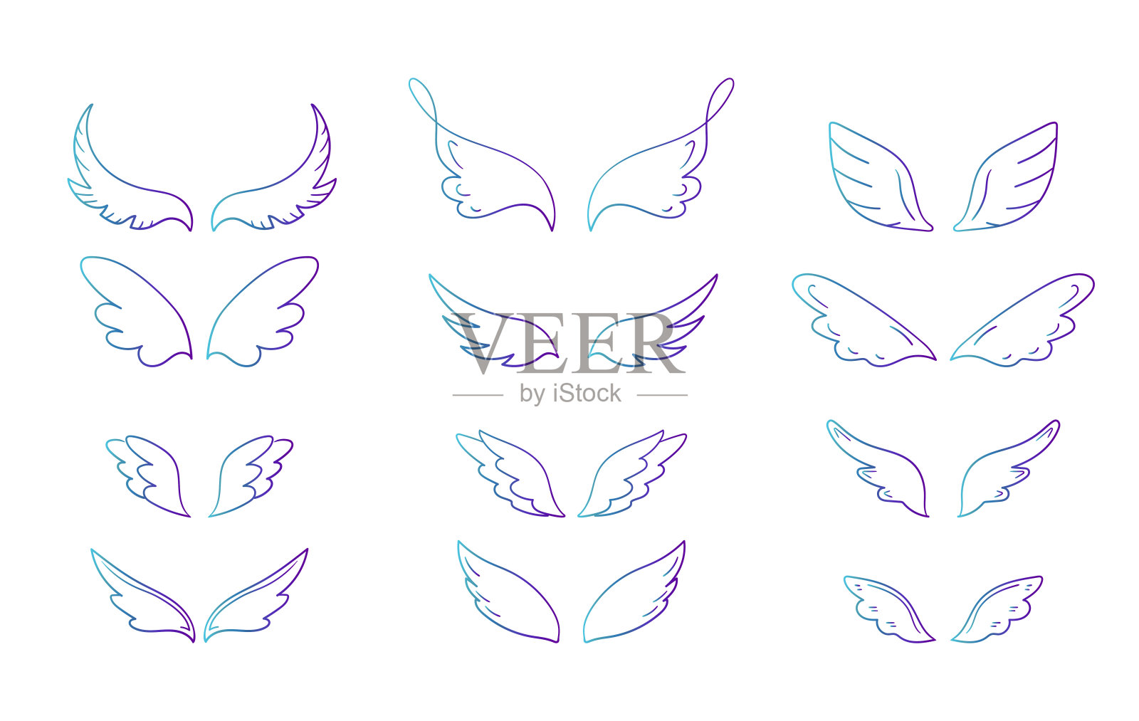 收集手绘翅膀在不同的形状。涂鸦翅膀收集在渐变霓虹灯的颜色。矢量图插画图片素材