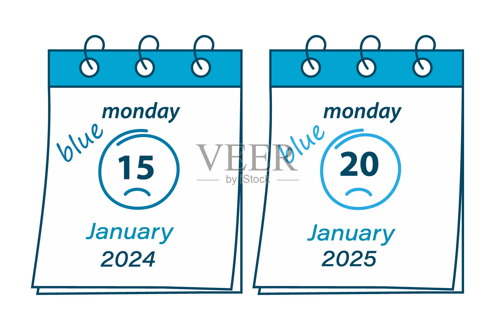 一套两张日历，日期分别为蓝色星期一2024年1月15日和2025年1月20日。隔离插画图片素材