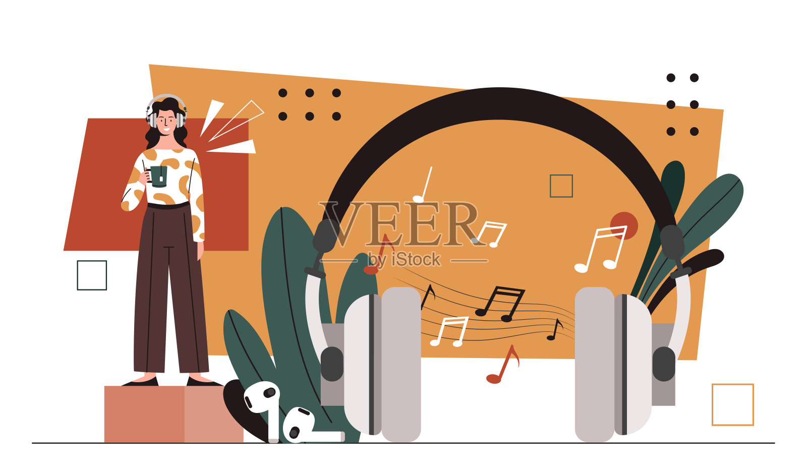 带耳机的女人音乐矢量插画图片素材