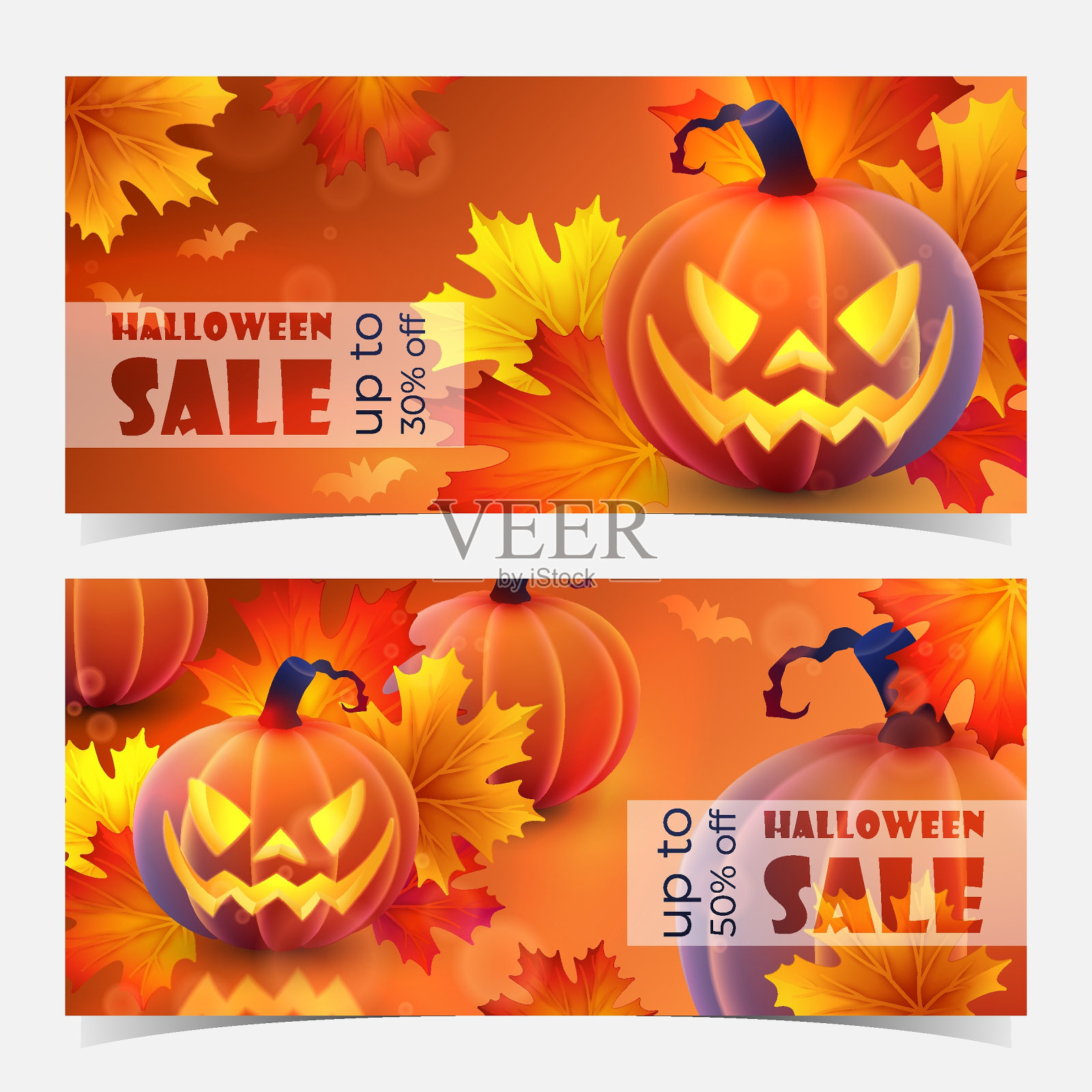 折扣横幅为秋季销售发光，发光橙色南瓜，枫叶，姜色背景上的文字。矢量假日插图明信片，横幅，卡片，聚会，设计，广告插画图片素材