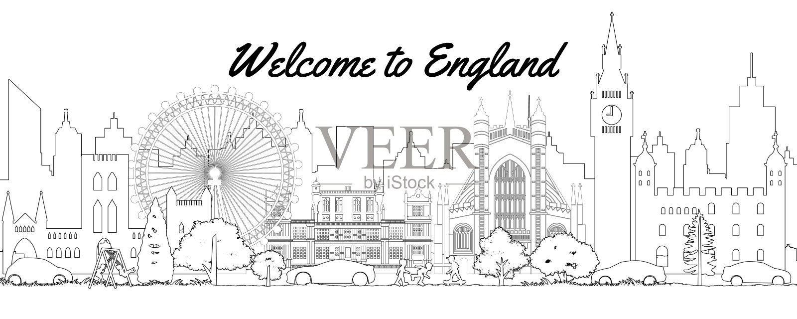 英国风景以著名地标为轮廓轮廓风格插画图片素材