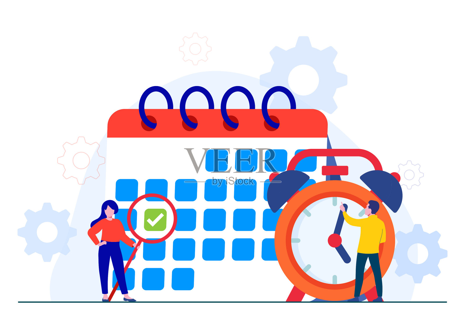 商业时间管理，最后期限概念，女人用放大镜计划和组织即将到来的任务，时间表，目标，目标，里程碑，男人用时钟计划时间插画图片素材