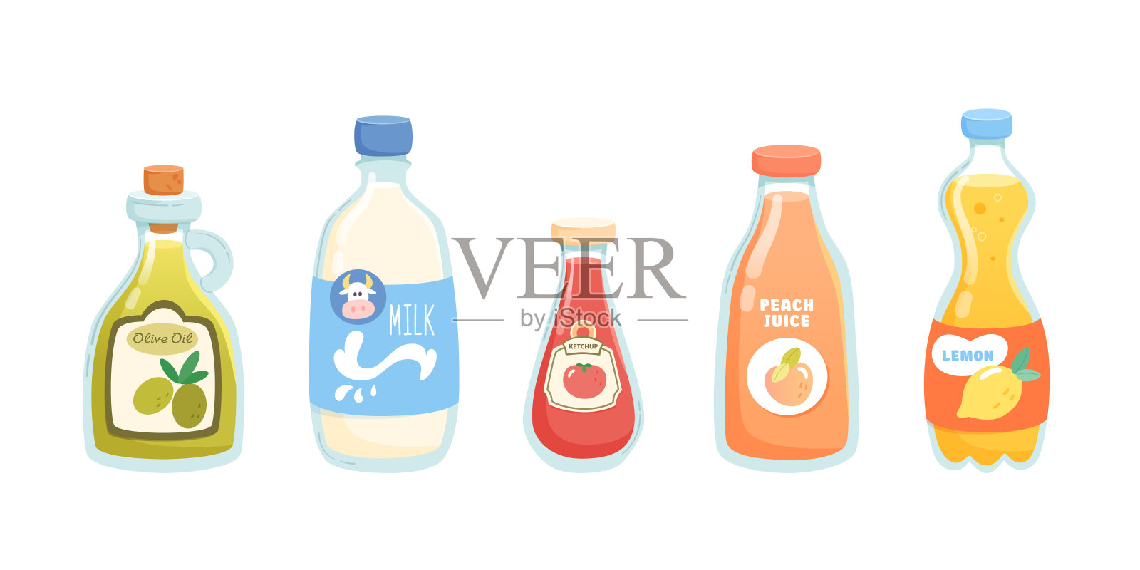 饮料瓶设置平面矢量插图隔离在白色背景上。果汁、牛奶、油和番茄酱用玻璃和塑料包装。卡通食品设计厨房，菜单，餐厅和烹饪插画图片素材