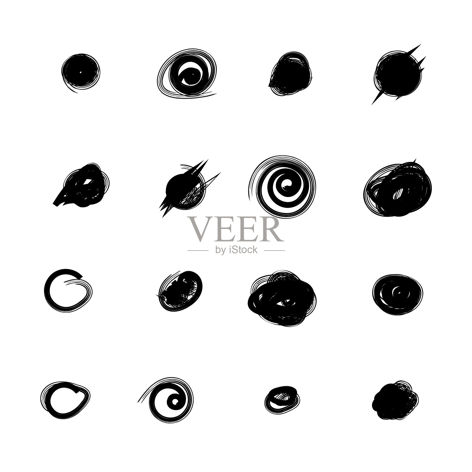 涂鸦圈和点。收集黑色形状的点和点。一套手绘涂鸦圈在垃圾风格。矢量插图子弹日记。孤立的白色背景。插画图片素材