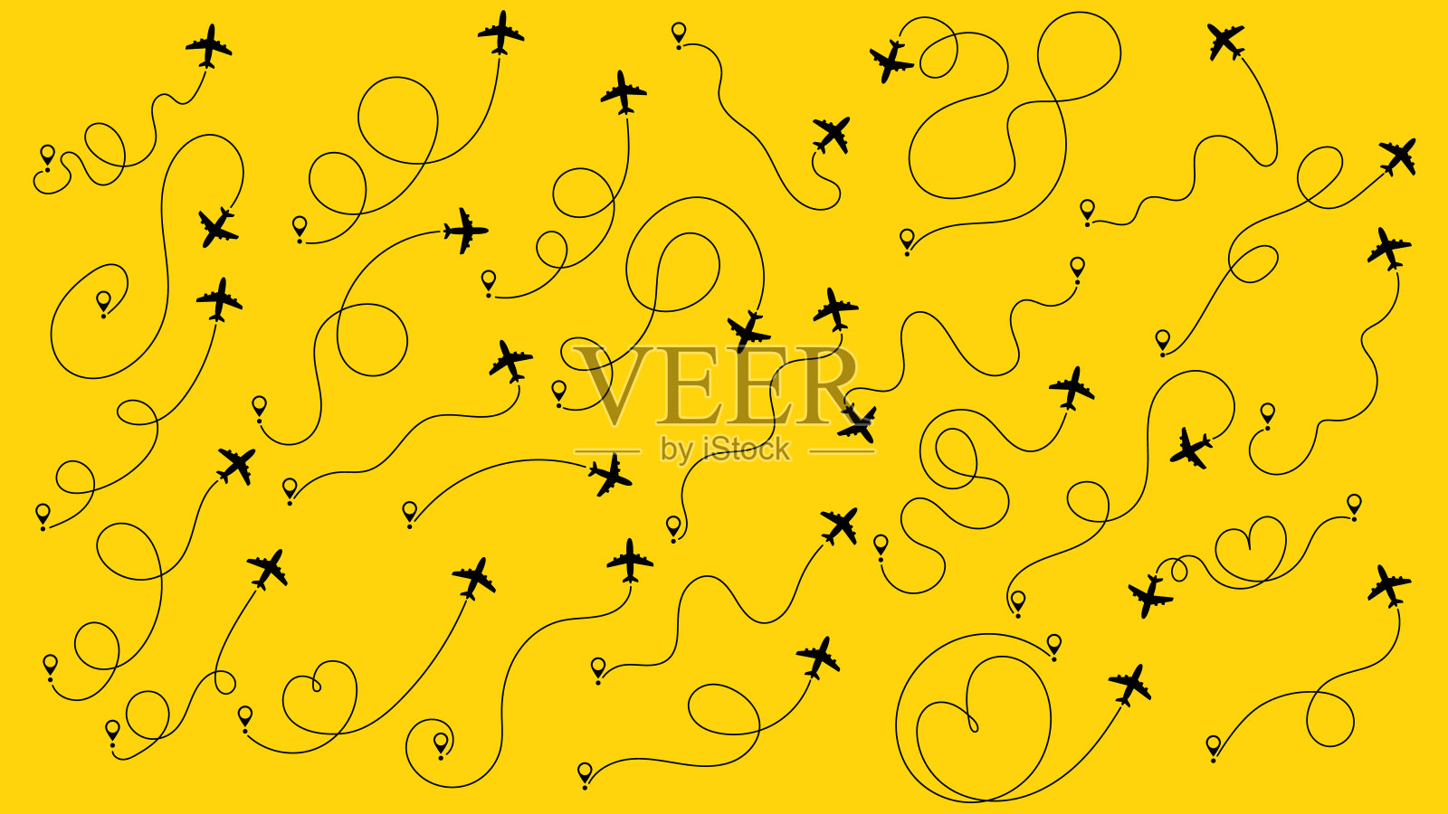 飞机跟踪，飞机路径，旅行，地图针，位置针。飞机或飞机路线路径设置。旅行概念从起点和虚线追溯。矢量插图。曲折的道路插画图片素材