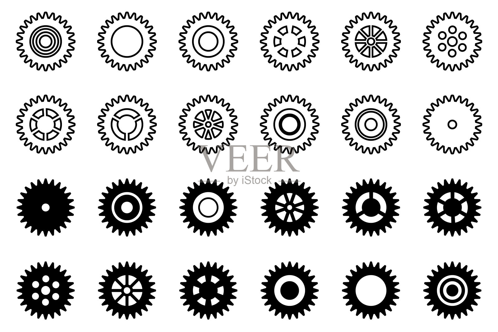 齿轮图标集。设置齿轮图标。机械齿轮的集合。白色背景。矢量插图与黑色链轮标志图标设计元素。插画图片素材