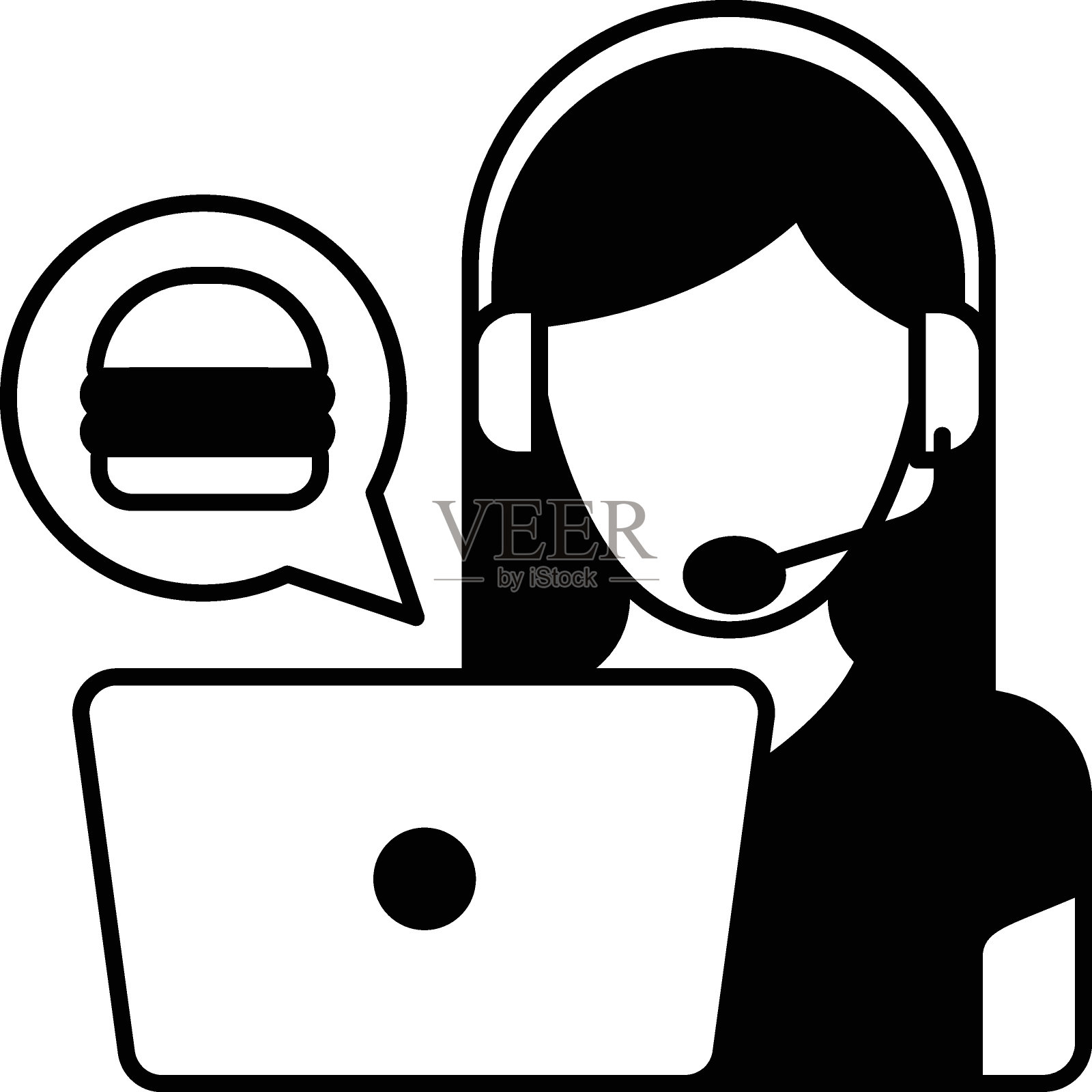 酒店热线概念，订餐呼叫中心矢量轮廓图标设计，零售外卖服务符号，非接触式外卖标志，杂货店取货插图，戴耳机的女孩插画图片素材