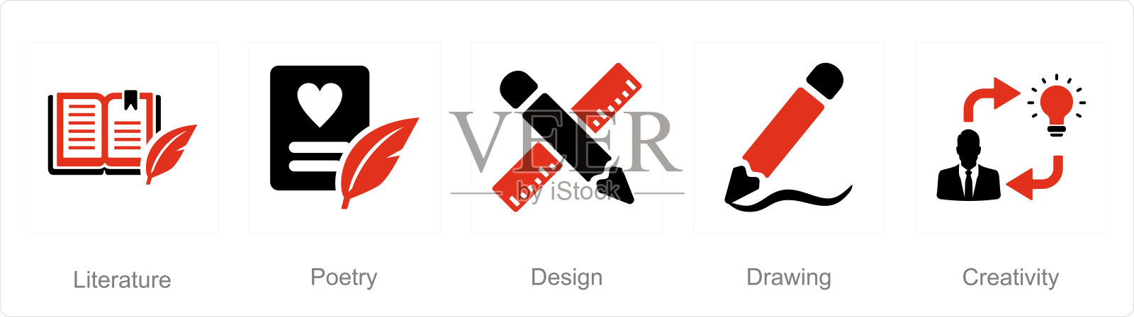 一套5个艺术图标作为文学，诗歌，设计插画图片素材