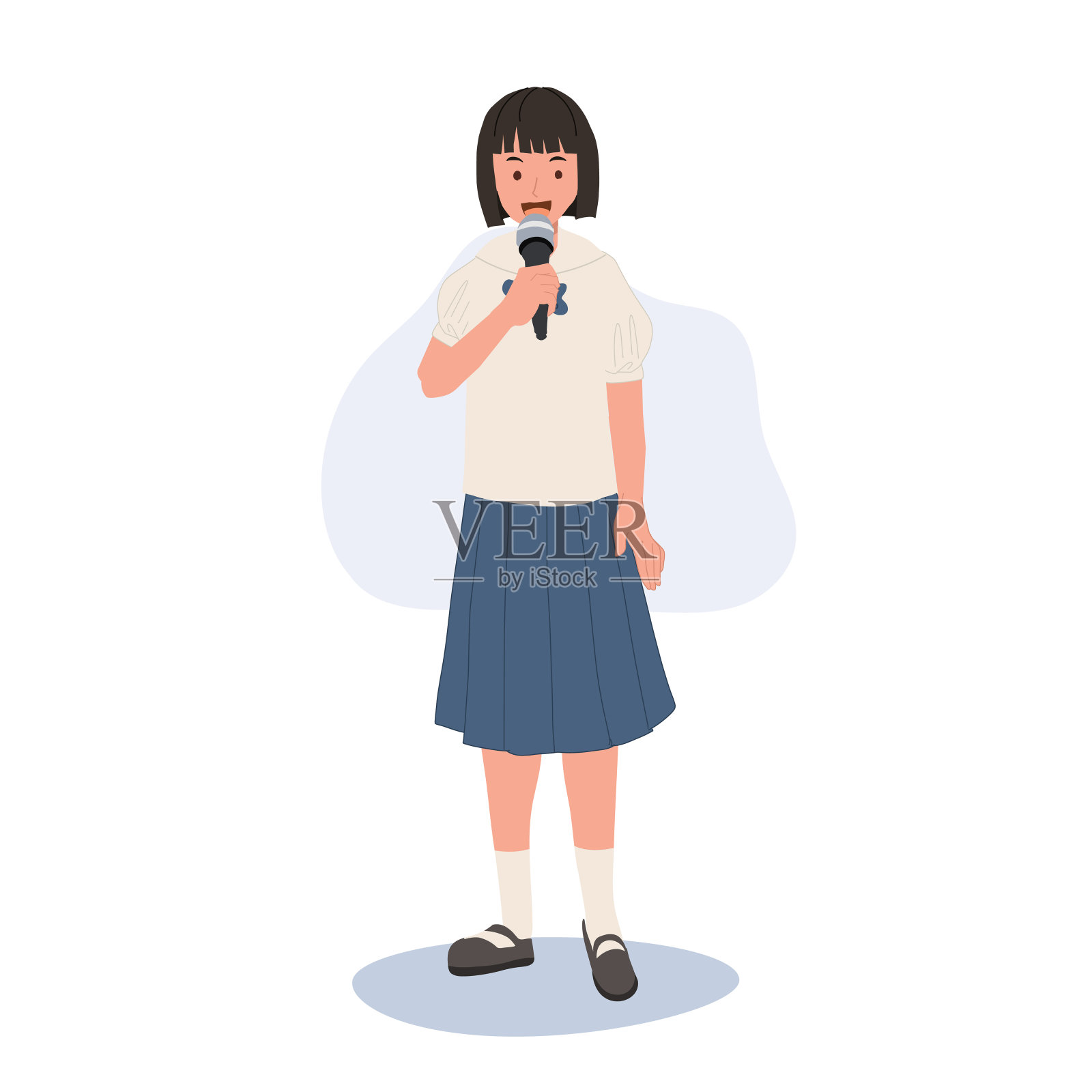 学校演讲和演讲概念。自信的泰国学生穿着校服，拿着麦克风讲话。插画图片素材