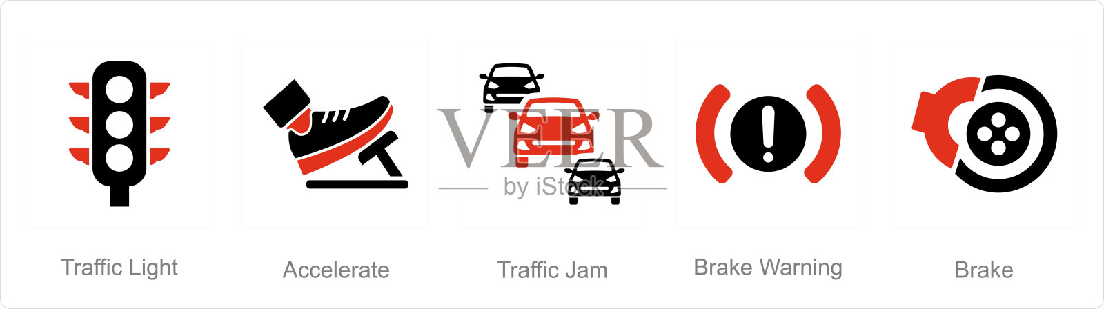 一套5个汽车图标作为交通灯，加速，交通堵塞插画图片素材