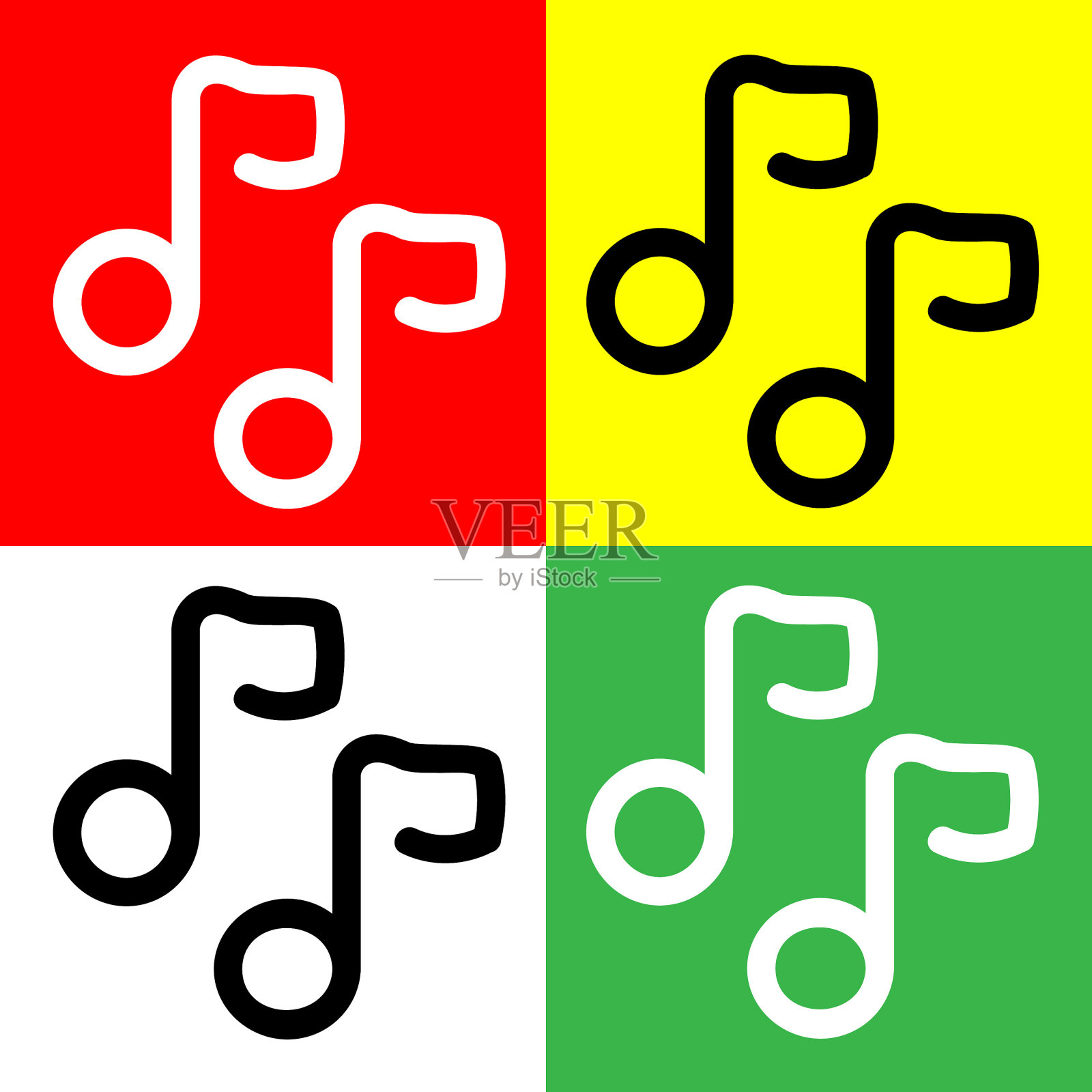 音乐图标，轮廓风格，孤立的红色，绿色，黄色和白色的背景。插画图片素材