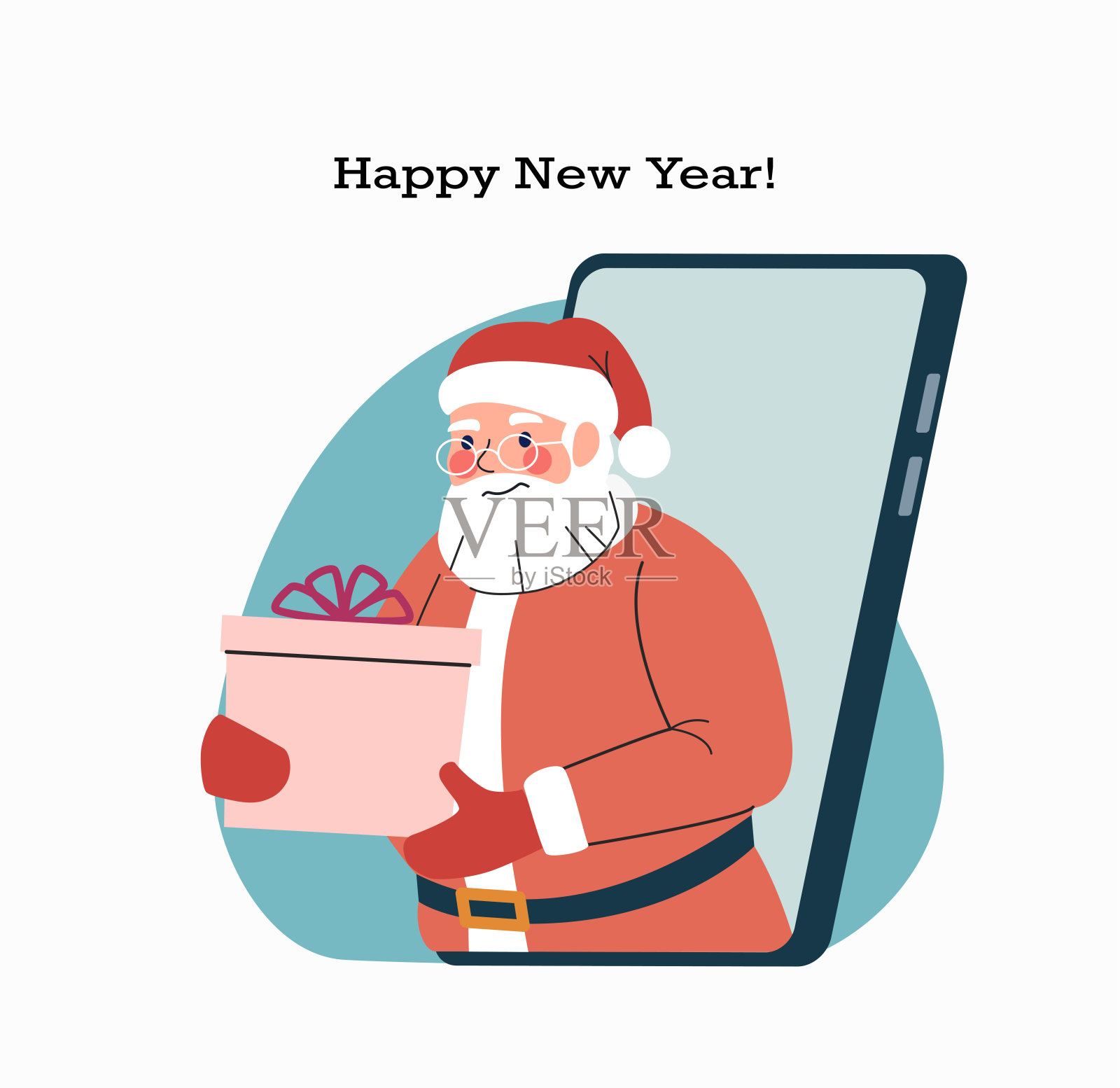 圣诞老人在手机屏幕上拿着礼物。矢量平面样式插图插画图片素材