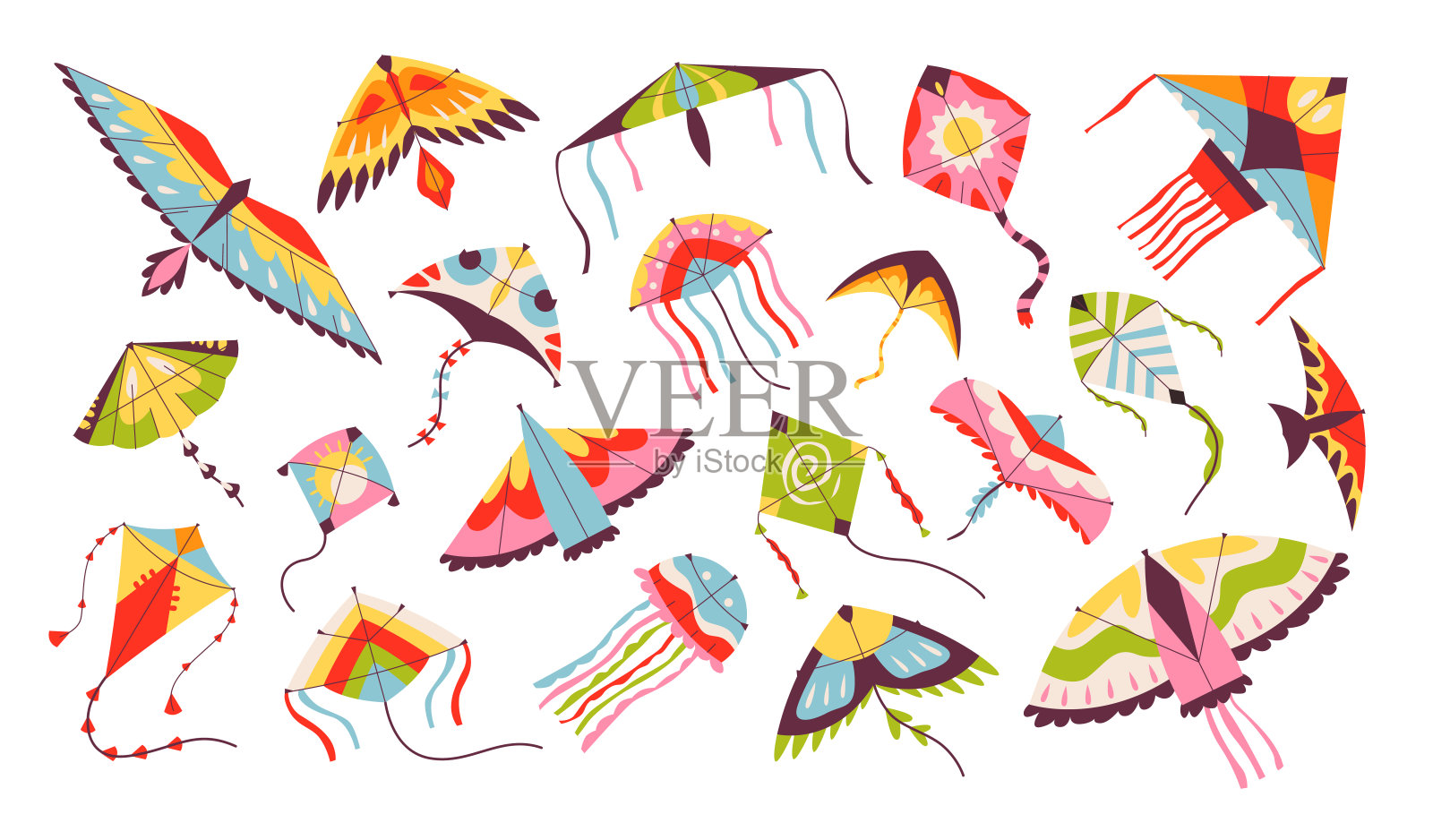 不同的风风筝不同的形状设置。孩子们的纸风筝玩具带丝带和尾玩具。风筝节‘玛克桑格拉提。平面矢量图插画图片素材