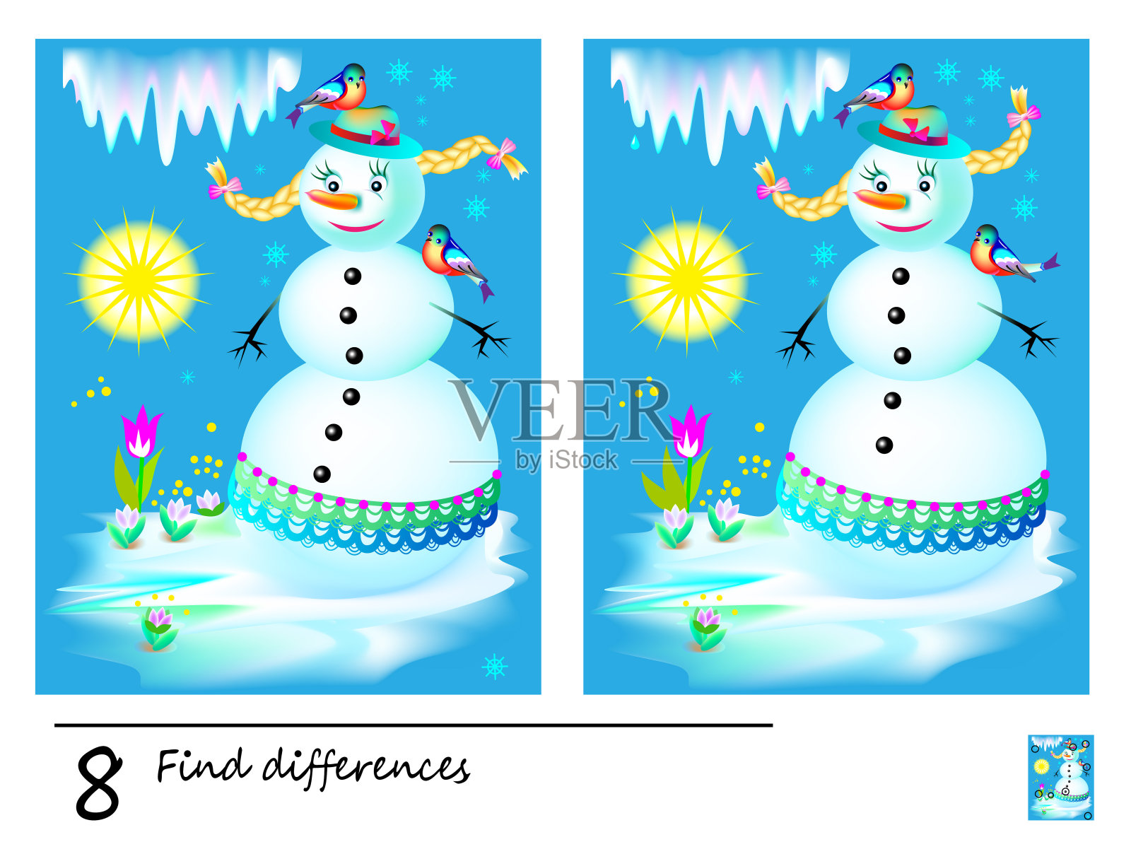 找出8个不同点。逻辑益智游戏为儿童和成人。可打印页的儿童脑筋急转弯书。童话雪人在春天融化的画面。发展计数技能。智商训练测试。插画图片素材
