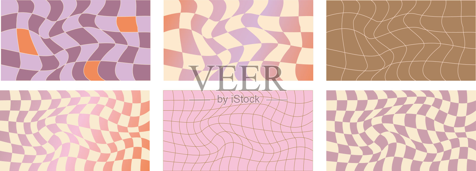 棋盘迷幻图案集米色和紫色。棋盘格背景y2k复古网格。迷幻纹理矢量插图。插画图片素材