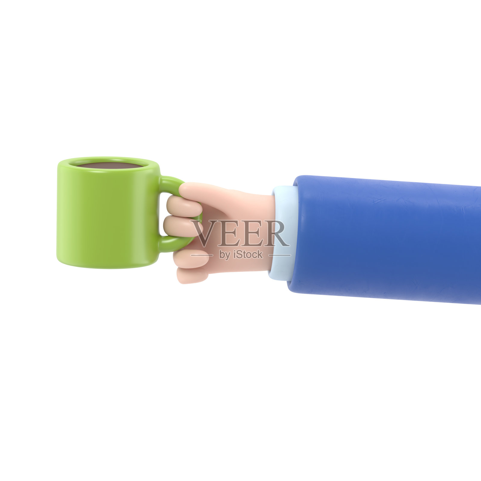 卡通手势图标模型。卡通手拿热气腾腾的咖啡杯。白色背景的3D渲染。照片摄影图片
