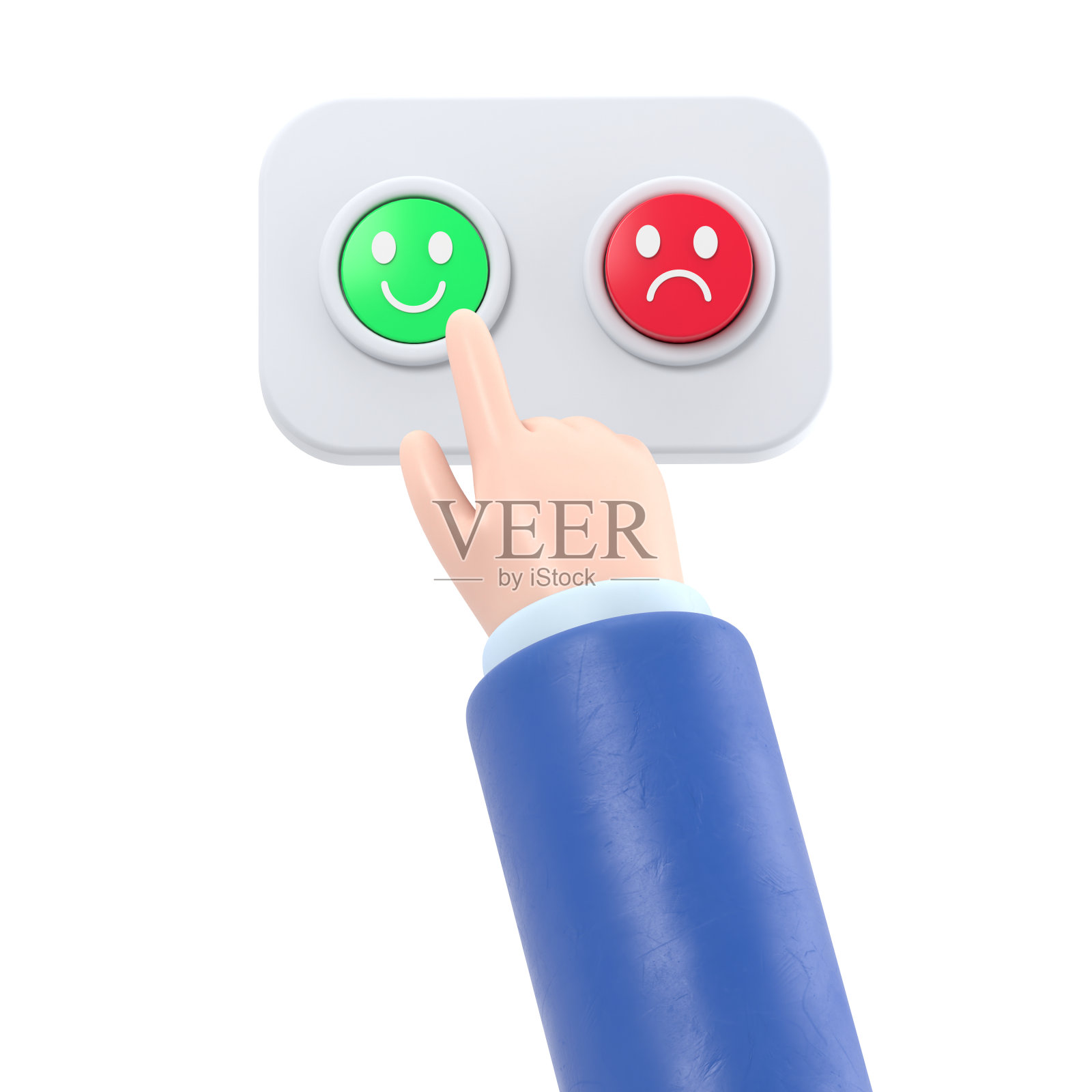 满意的顾客卡通手按下绿色按钮。商业或市场剪贴画。积极体验情绪。白色背景的3D渲染。照片摄影图片