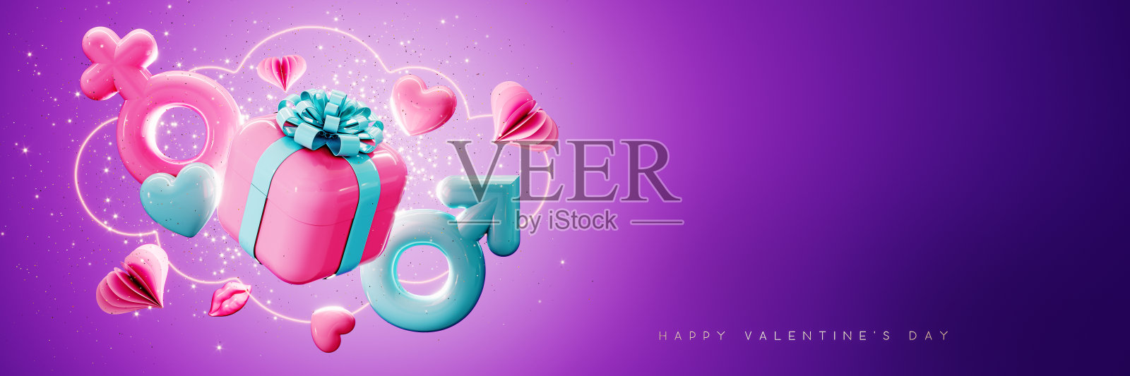 礼盒和心形图案的性别符号。情人节贺卡设计与文字和复制空间在紫色的背景。照片摄影图片