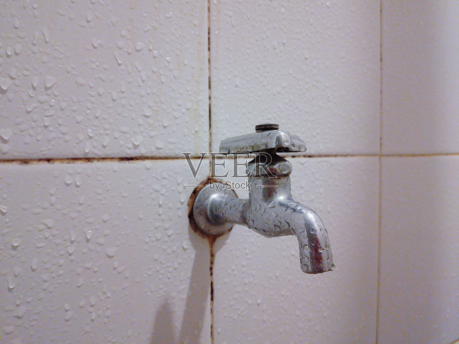 安装在浴室砖墙上的水龙头。照片摄影图片