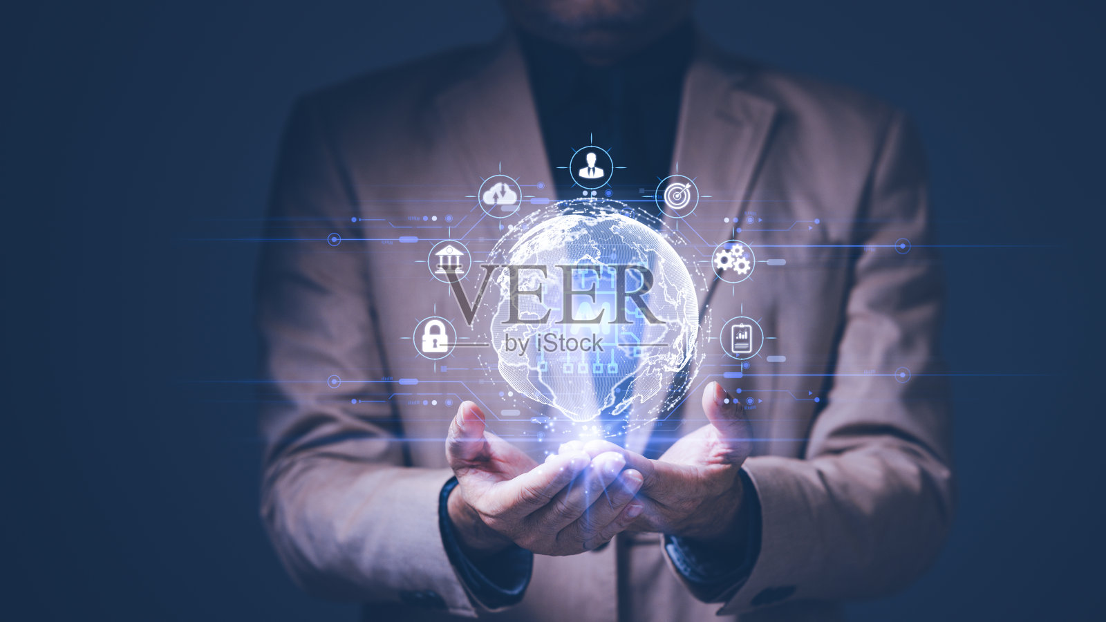 商人掌握着全球人工智能技术的力量，架起了商业、人际互动、营销、银行和金融领域的桥梁，是推动创新和发明的远见力量。照片摄影图片