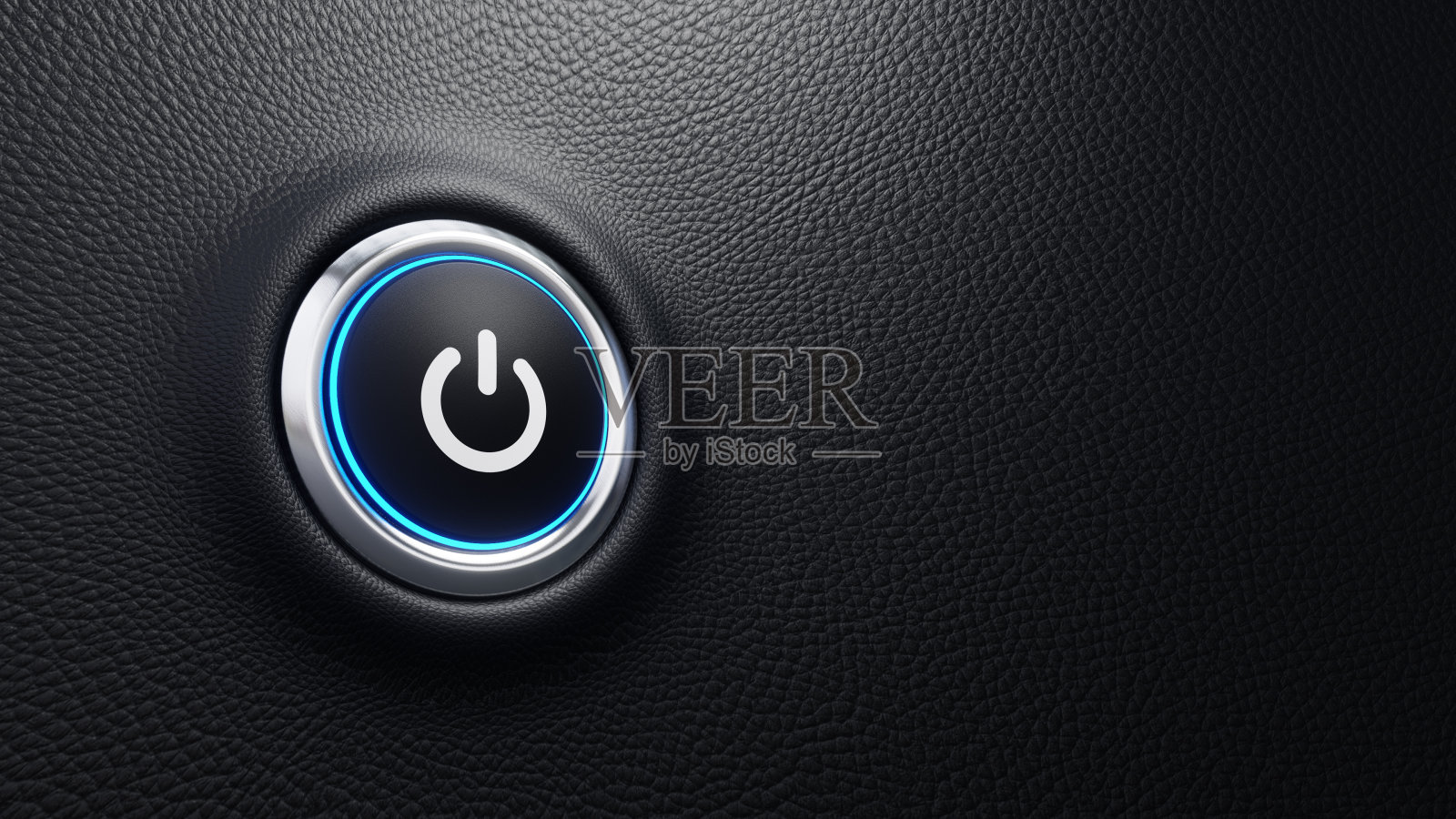 电源按钮。开始，结束和概念。现代汽车按钮与电源标志和蓝色的灯。三维演示照片摄影图片