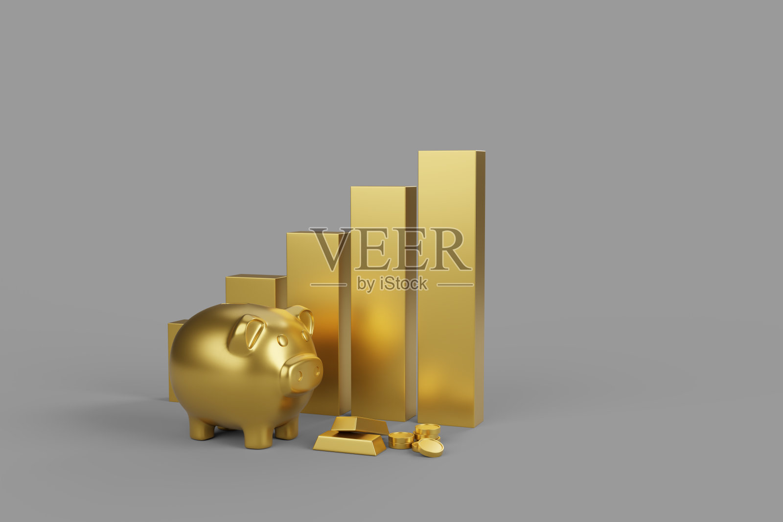 黄金储蓄罐黄金图表条与灰色背景。照片摄影图片