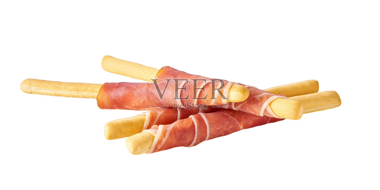 意大利面包棒格力西尼与帕尔马火腿熏火腿，传统的面包棒熏火腿隔离在白色背景全景深。照片摄影图片