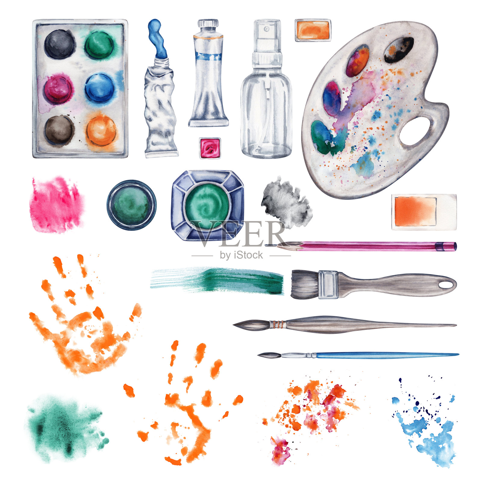 油漆调色板，刷子，铅笔，手印，颜色飞溅，墨水集。水彩插图孤立的白色背景。艺术世界日收集艺术课程，商店，传单，广告，网页设计插画图片素材